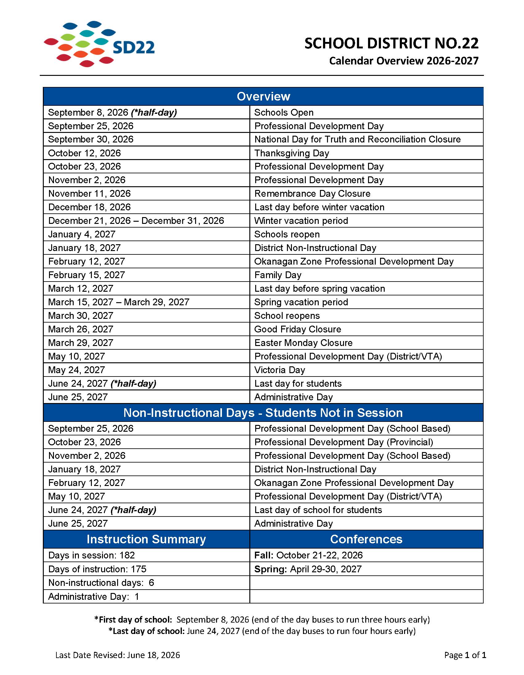 SD22 Calendar Overview 2026 2027