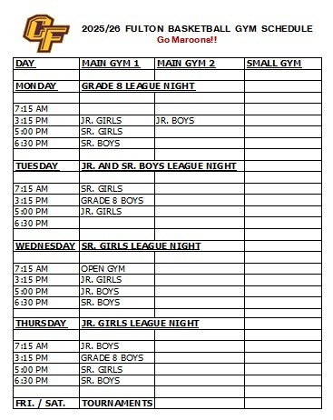 Basketball Gym schedule 2025